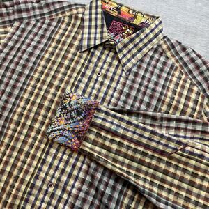Robert Graham Shirt Mens XL Blue Yellow Red Dotted Check Long Sleeve Flip‎ Cuff